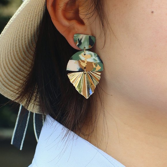 Boho Clay Abstract Gold Accent Fan Dangle Earrings - Picture 3 of 7